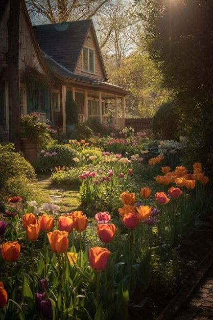 Ein Garten mit Tulpen und einem Haus im Hintergrund.