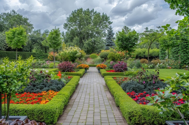 Ein Garten mit Ziegelsteinpfad und Hecken