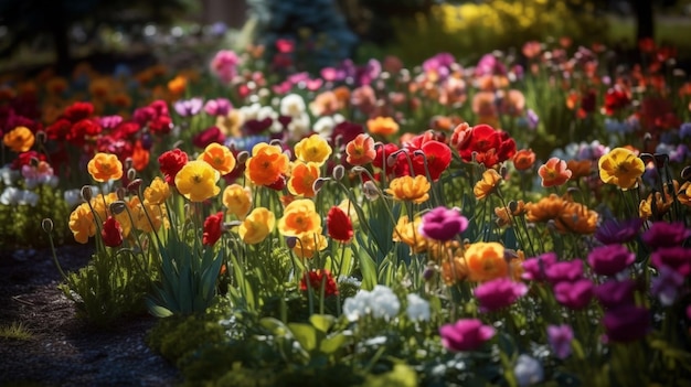 Ein Garten voller Tulpen in leuchtenden Farben