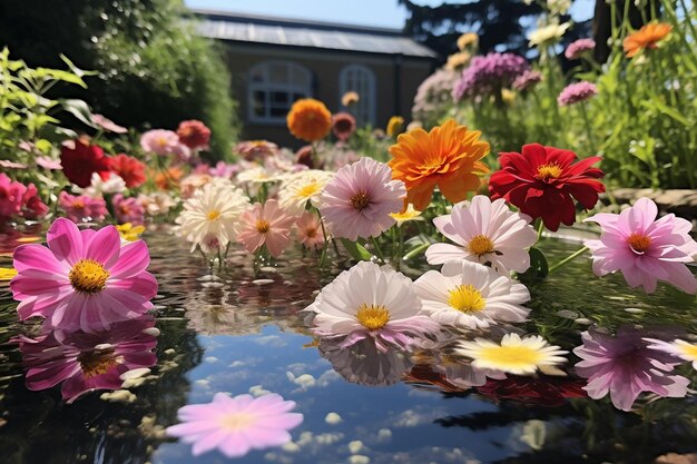 Ein Gartenbecken mit schwimmenden Blumen