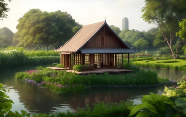 Ein Gartenhaus in Thailand Generative KI-Illustration