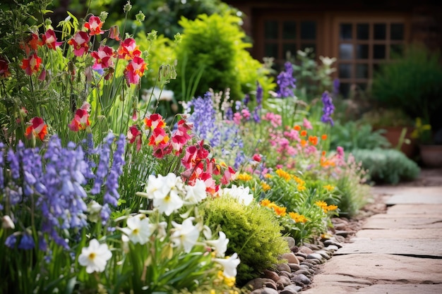 ein Gartenweg mit blühenden Blumen.