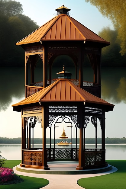 ein Gazebo am See mit einem bewölkten Himmel im Hintergrund