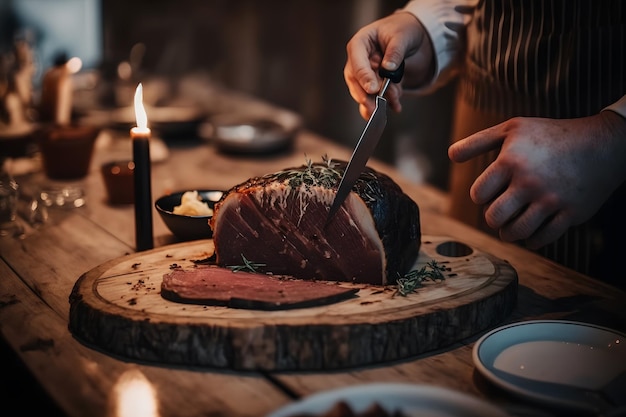 Ein gebackenes ganzes Stück Fleisch auf einem Holzständer. Neuronales Netzwerk KI generiert