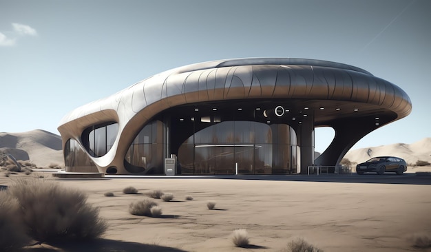 Ein Gebäude in der Wüste mit einem großen Metalldach