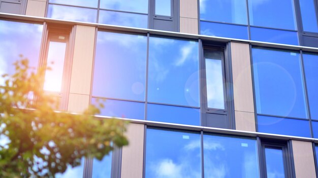 ein Gebäude mit einem Baum und dem darin reflektierten Himmel