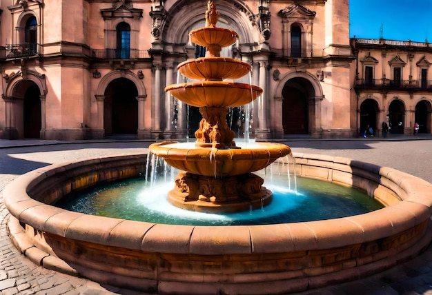 ein Gebäude mit einem Brunnen, auf dem der Name der Stadt steht