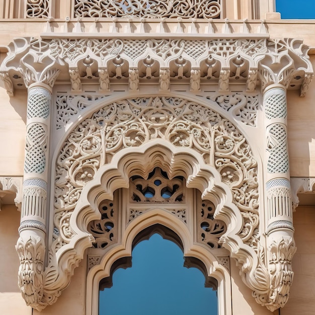 Ein Gebäude mit einem geschnitzten Bogen und einem Fenster mit der Aufschrift „Alhambra“.