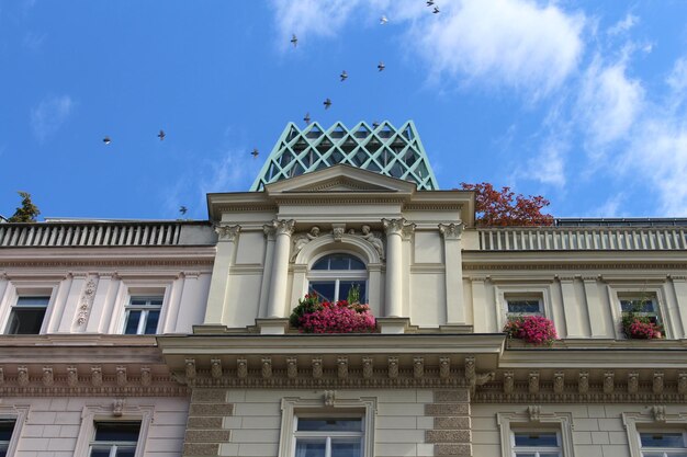 Ein Gebäude mit einem grünen Dach und einem blauen Himmel, über dem Vögel fliegen