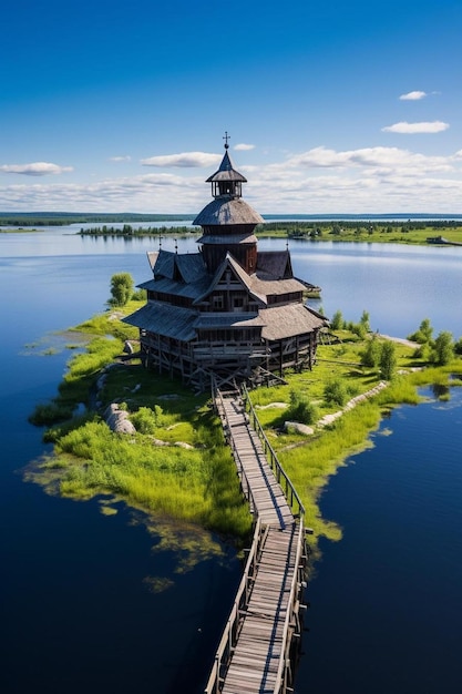 ein Gebäude mit einem Turm an der Spitze ist von Wasser umgeben