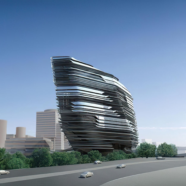 ein Gebäude mit einer gekrümmten Fassade, das ein gekrümmtes Design hat