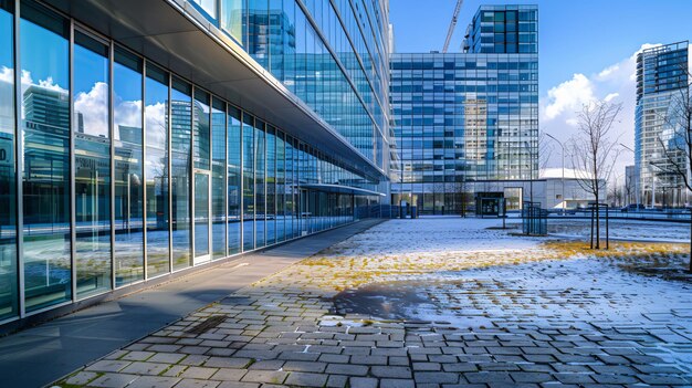 Foto ein gebäude mit einer glaswand und einem schild, das die universität der stadt sagt