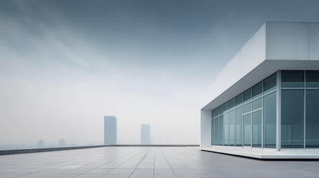 Ein Gebäude mit einer Glaswand und einem weißen Gebäude mit einem grauen Himmel im Hintergrund.