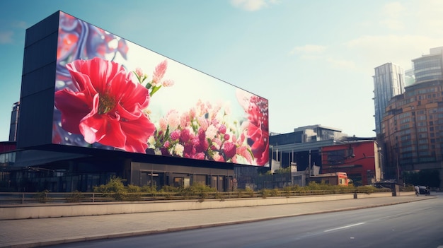 ein Gebäude mit einer großen Blume an der Seite