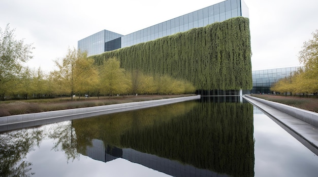 Ein Gebäude mit einer grünen Wand und einem Wasserspiel, das die Fassade des Gebäudes widerspiegelt.