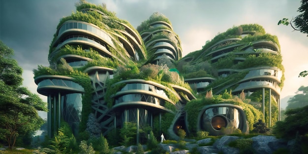 Ein Gebäude mit grüneren Wänden und Vegetation, die darauf wächst
