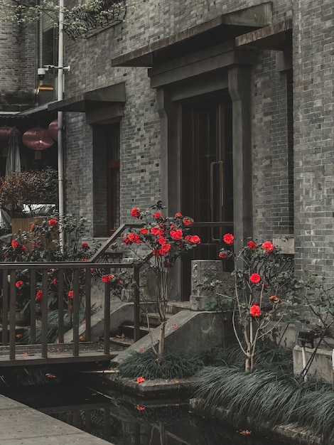 Ein Gebäude mit roten Blumen auf der Vorderseite