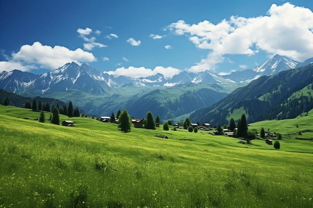 ein Gebirgstal mit einem Dorf und Bergen im Hintergrund.