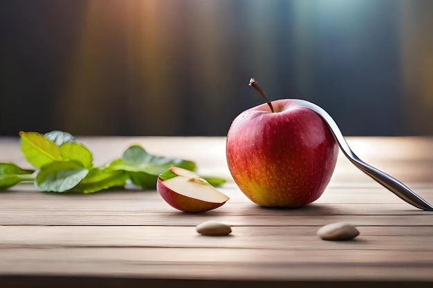 Ein gebissener Apfel wird auf den Tisch gelegt