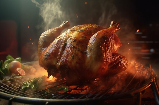 Ein gebratener Truthahn kocht auf einem Grill, während im Hintergrund Flammen aufsteigen.