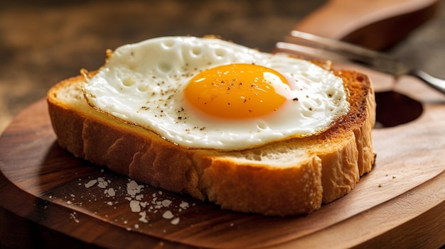 Ein gebratenes Ei auf Toast mit einem Holzbrett