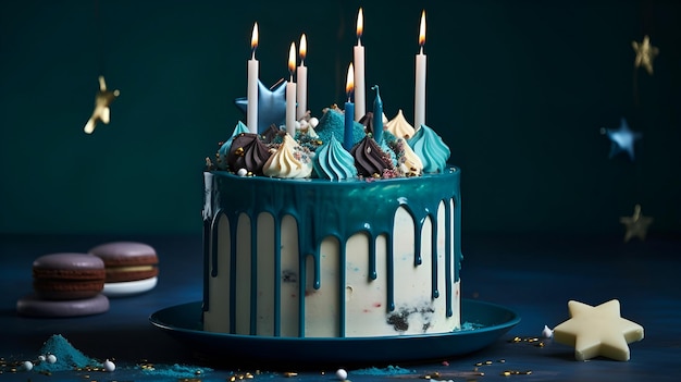 Ein Geburtstagskuchen mit blauer und weißer Zuckerglasur und Kerzen darauf