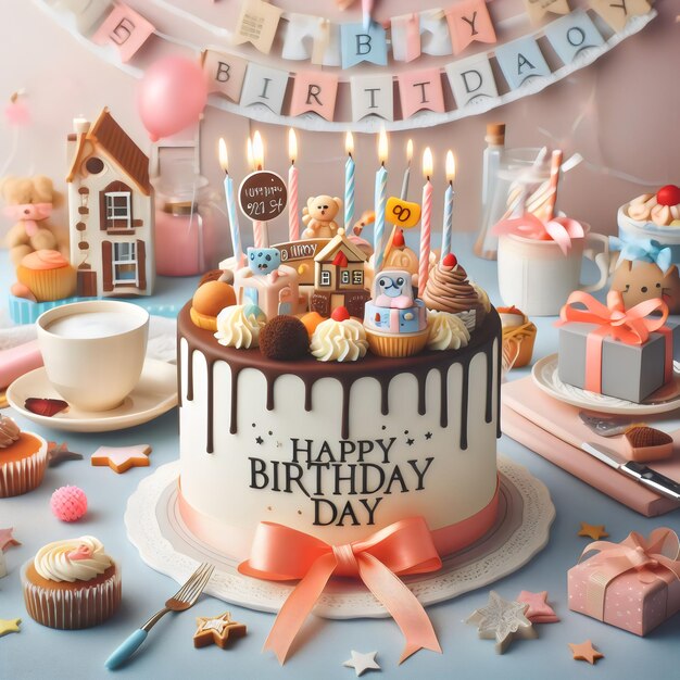 ein Geburtstagskuchen mit einem Kuchen darauf und einem Schild, auf dem geschrieben steht glücklicher Geburtstag