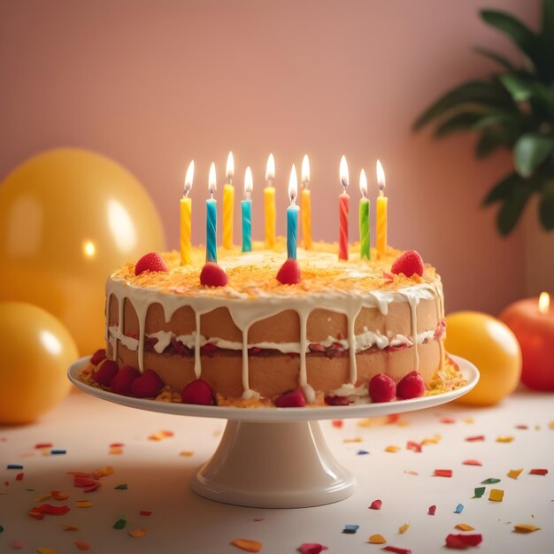ein Geburtstagskuchen mit Kerzen darauf und ein Kuchen auf einem Teller mit einem Kuchen darauf