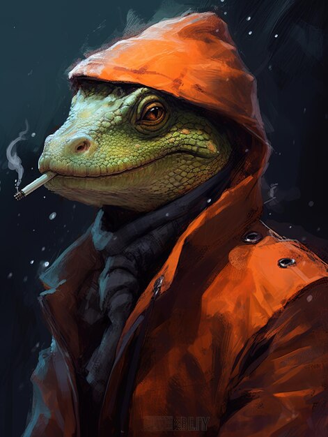 ein Gecko mit einer Zigarette im Mund ist in einer roten Jacke