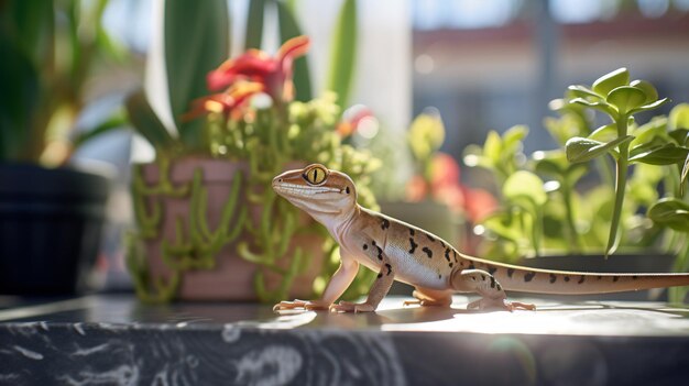 Ein Gecko sitzt mit einer Pflanze auf einem Tisch