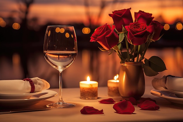 Ein gedeckter Tisch für ein romantisches Abendessen am Strand