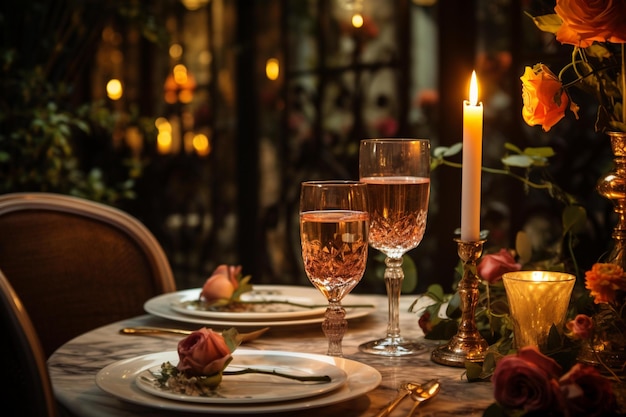 Ein gedeckter Tisch für ein romantisches Abendessen mit einer Kerze in der Mitte.