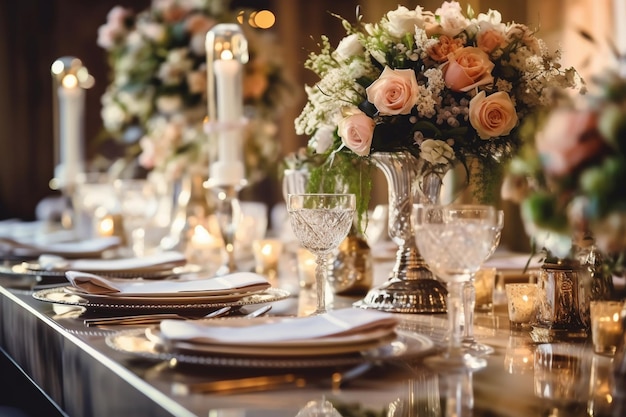 Ein gedeckter Tisch für eine Hochzeit mit Blumen und Kerzen