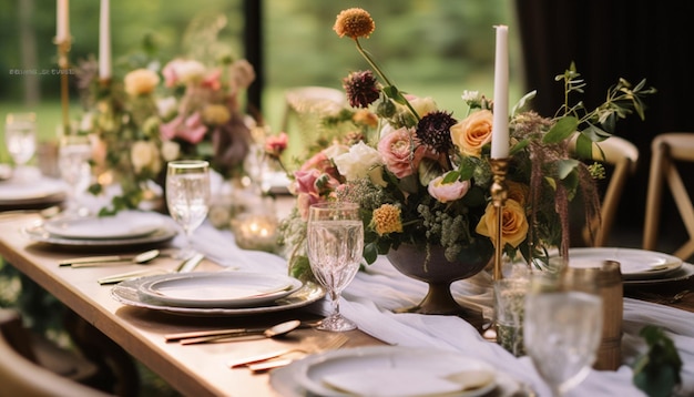 Ein gedeckter Tisch für eine Hochzeit mit Blumen und Kerzen.