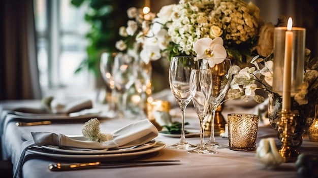 Ein gedeckter Tisch für eine Hochzeit mit Blumen und Kerzen.