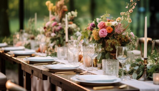 Ein gedeckter Tisch für eine Hochzeit mit Blumen und Weingläsern.