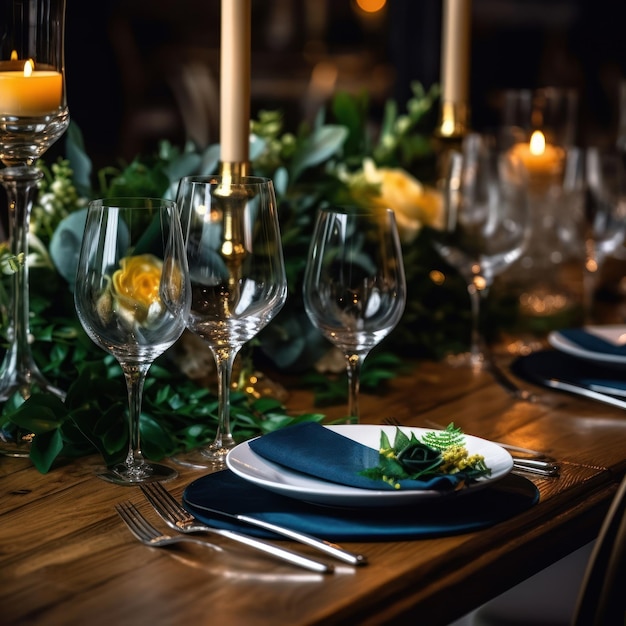 Ein gedeckter Tisch für eine Hochzeit mit Kerzen und Kerzen