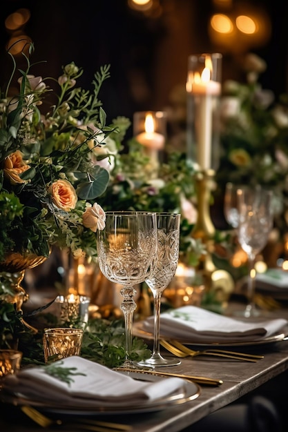 ein gedeckter Tisch für einen Hochzeitsempfang mit Champagnergläsern und Kerzen.