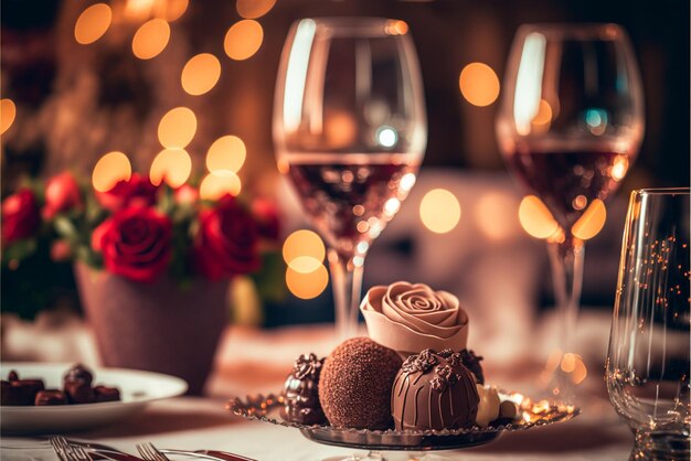 Ein gedeckter Tisch mit einem Glas Wein und einem Teller Pralinen