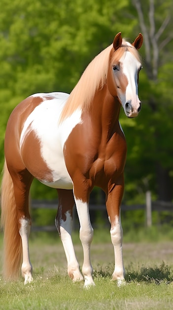 Ein geflecktes weißes und braunes Pferd auf einem Feld mit Bäumen im Hintergrund