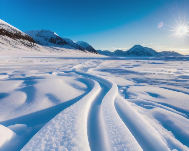 Ein gefrorener Berg mit Schnee und Eis, auf den die Sonne scheint.