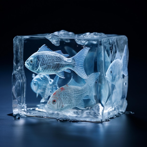 Ein gefrorener Eiswürfel mit Fischen drin