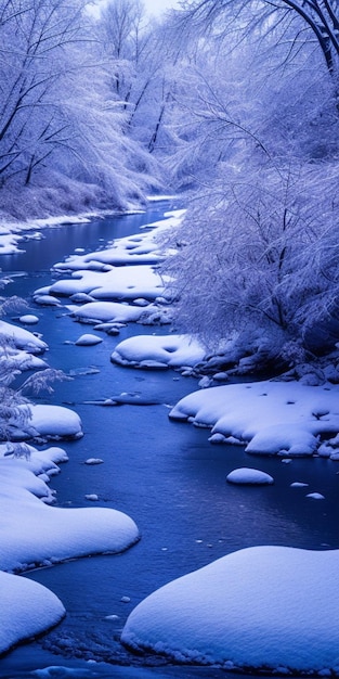 Ein gefrorener Fluss, der mit Schnee und Eis glänzt.