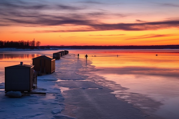 Ein gefrorener See bei Sonnenuntergang mit Eisfischhütten in der Ferne, die mit generativer Ai erzeugt wurden