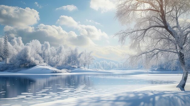 Ein gefrorener See in einem verschneiten Wald Winterschnee Eis Fichte Kiefer weiße Töne Landschaft klarer und blauer Himmel Kappen auf den Zweigen Ruhe Schönheit und Größe der Natur Konzept Generativ von AI