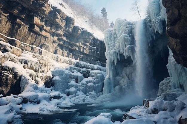 Ein gefrorener Wasserfall, der von eisigen Klippen herunterfällt