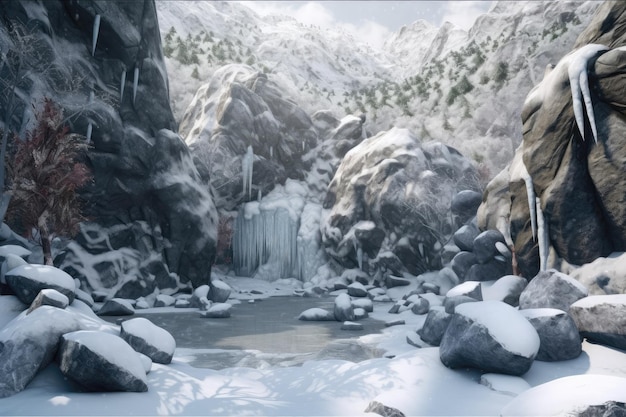 Ein gefrorener Wasserfall in einer verschneiten Berglandschaft