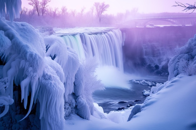 Ein gefrorener Wasserfall mitten in einem generativen KI-Bild des Waldes