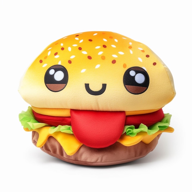 Ein gefüllter Burger mit Smiley-Gesicht ist auf weißem Hintergrund.