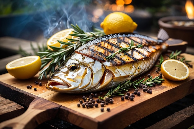 Ein gegrillter Fisch auf einem Holztisch in der Küche